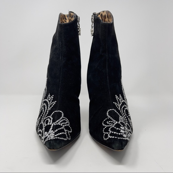 Beverly Feldman Black Suede Rhinestone Studded Pointed Toe Stiletto Heel Boot 8 - Picture 2 of 12